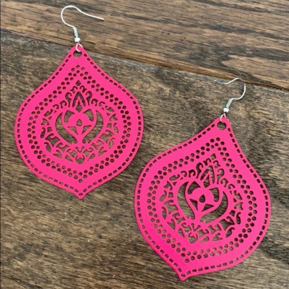 Hand Crafted Hot Pink Filigree Stamped Teardrop Dangle Earrings